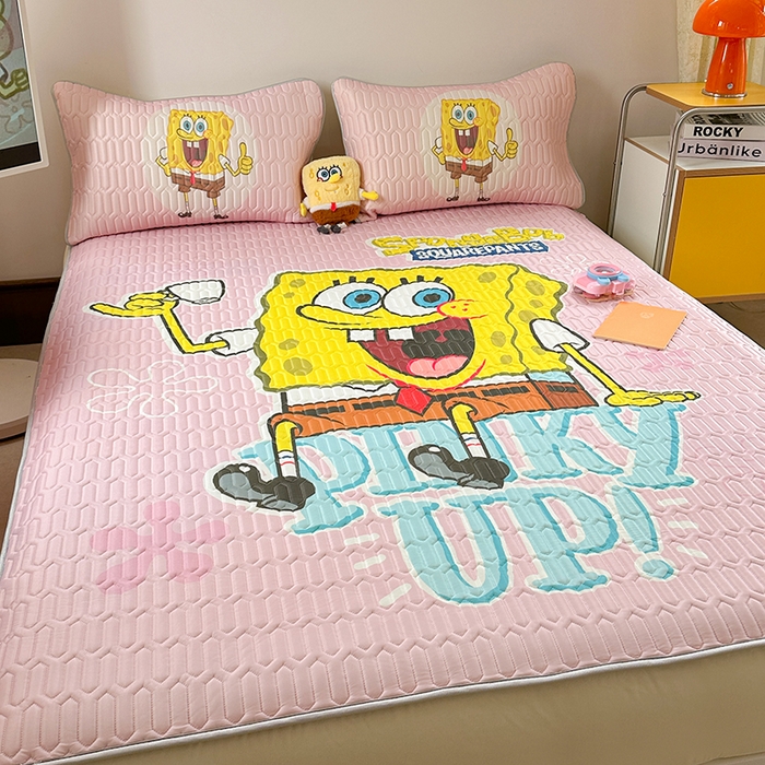 91家纺网 家纺一手货源 找家纺 金爱家 2025新款海绵宝宝乳胶凉席床笠款凉席席子 凉席床笠款-爱喝海绵宝宝粉