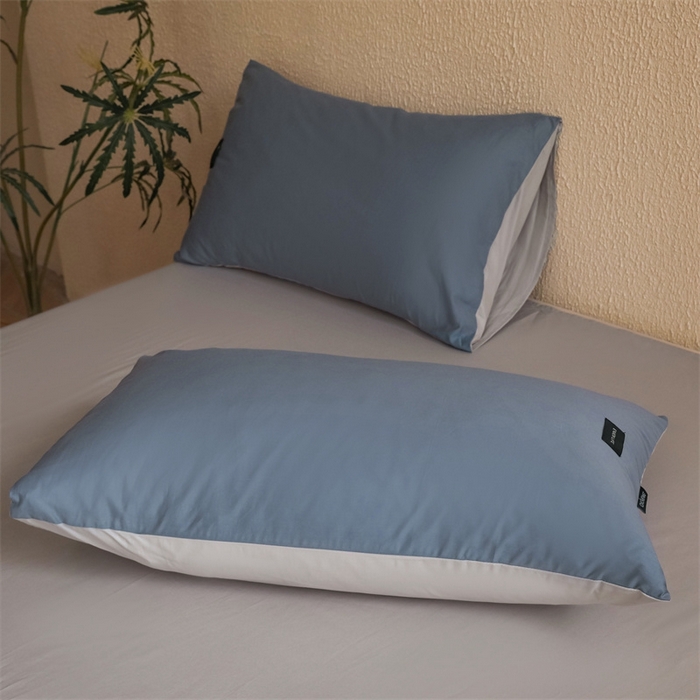 91家纺网 家纺一手货源 找家纺 启程2025新款全棉纯色双拼无印风四件套 牛仔蓝+绅士灰