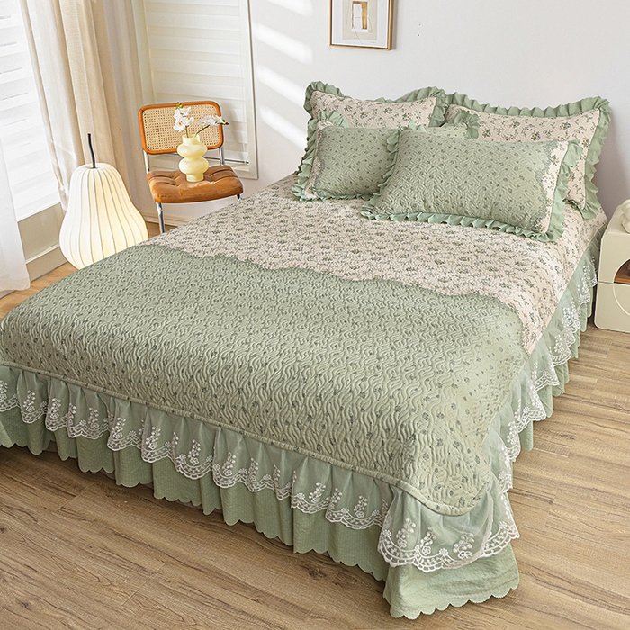 91家纺网 家纺一手货源 找家纺 梦柏 2025新款韩版双层纱夹棉绗缝床盖夏被四件套 林荫