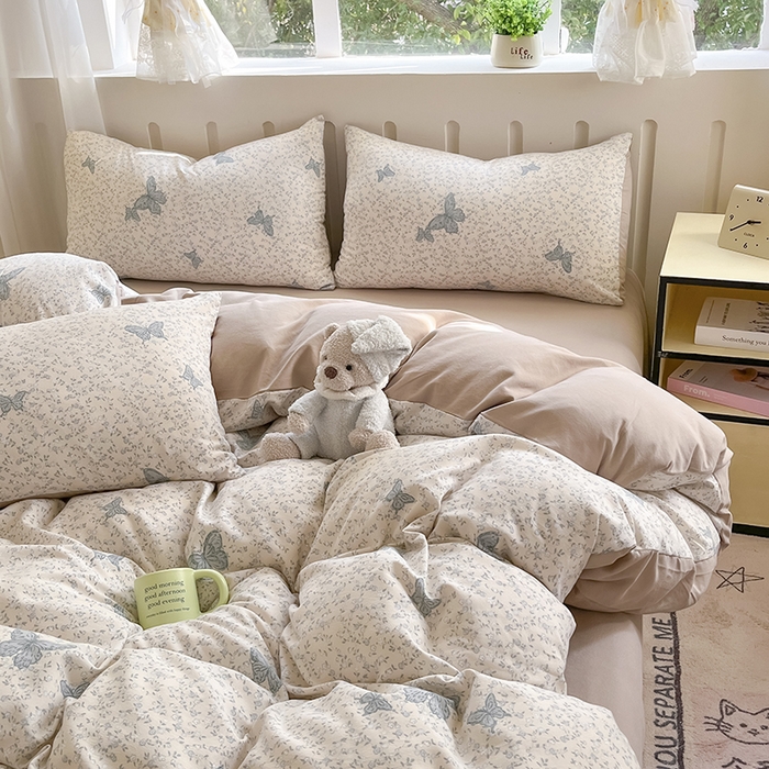 91家纺网 家纺一手货源 找家纺 玖明2025新款A类加厚柔软针织棉双层纱四件套 蝶梦花香