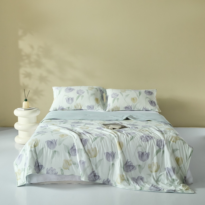 91家纺网 家纺一手货源 找家纺 2025春夏新款100%双面锦纶美式印花夏被凉感空调被 郁金香