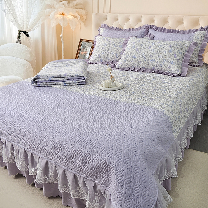 91家纺网 家纺一手货源 找家纺 梦柏 2025新款韩版双层纱夹棉绗缝床盖夏被四件套 薰衣草