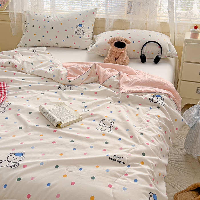 91家纺网 家纺一手货源 找家纺 2025春夏新款嵌绳款云柔水洗棉单夏被夏凉被空调被 嵌绳夏被-彩色波点熊