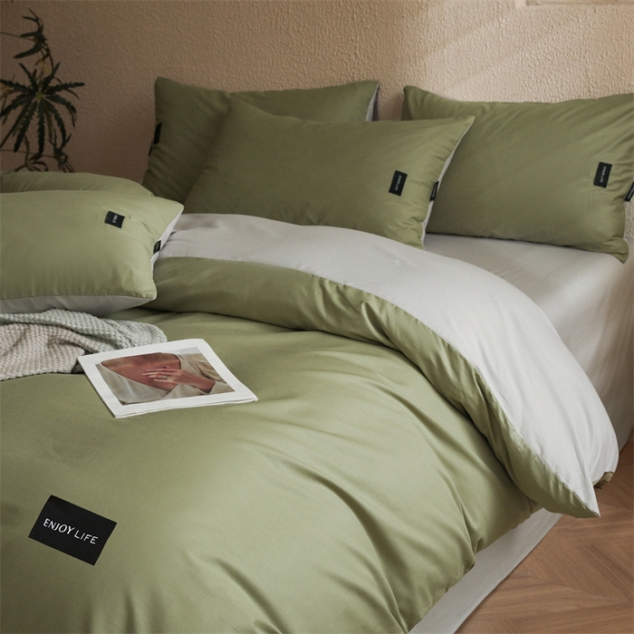 91家纺网 家纺一手货源 找家纺 启程2025新款全棉纯色双拼无印风四件套 抹茶绿+绅士灰