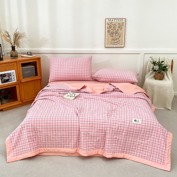 91家纺网 家纺一手货源 找家纺 鸣升家纺 2025新款100%里外全棉棉花夏被无印风全棉色织水洗棉夏凉被空调被夏被春秋被单人可机洗 格诺粉