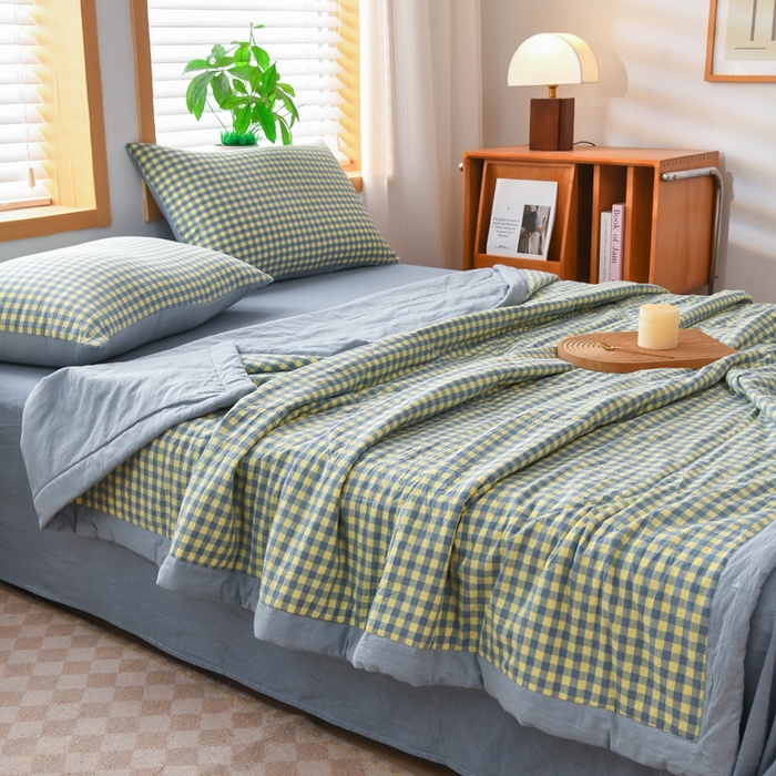 91家纺网 家纺一手货源 找家纺 圣尔雅家纺 2025新款里外全棉色织夏被新疆棉花被纯棉被子空调被夏凉被 黄蓝小格