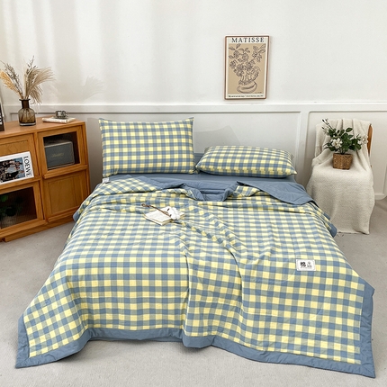 鸣升家纺 2025新款100%里外全棉棉花夏被无印风全棉色织水洗棉夏凉被空调被夏被春秋被单人可机洗 黄兰中格