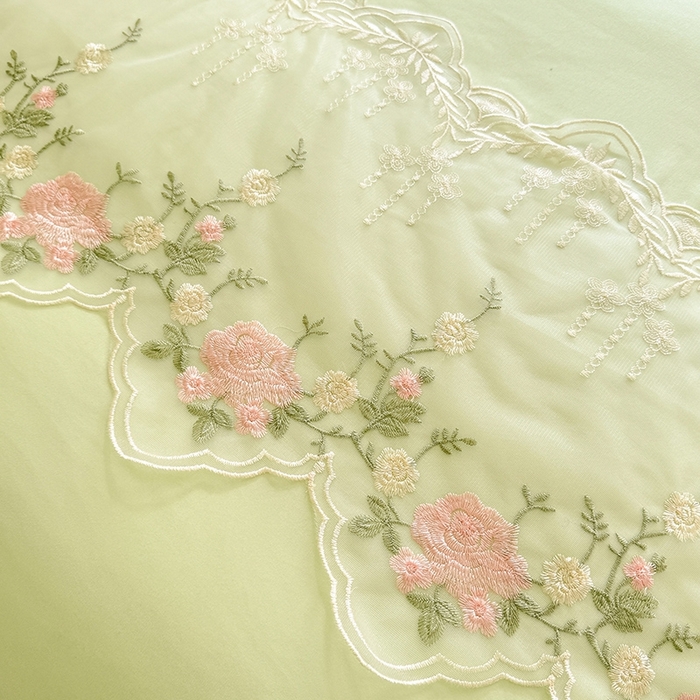 91家纺网 家纺一手货源 找家纺 大麦家纺2025新款年新款亲肤花边款床盖四件套  甜心小姐-青提绿