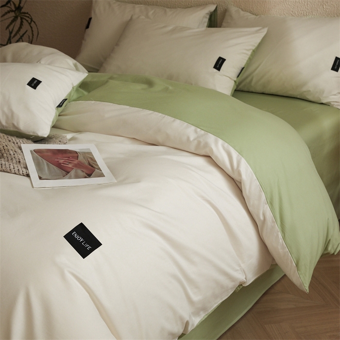 91家纺网 家纺一手货源 找家纺 启程2025新款全棉纯色双拼无印风四件套 奶白+草绿