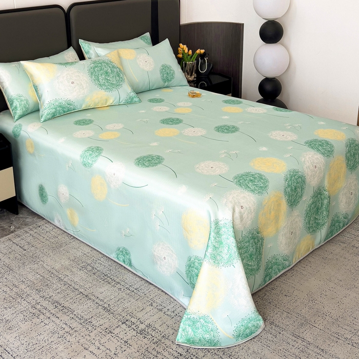 91家纺网 家纺一手货源 找家纺 纽缦家纺 2025新款印花冰丝防滑床单 蒲公英