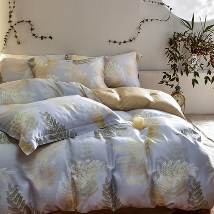 91家纺网 家纺一手货源 找家纺 未来家居 2025春夏新款100支莱赛尔天丝贡缎纯色印花系列高端礼盒四件套 佳大叶大