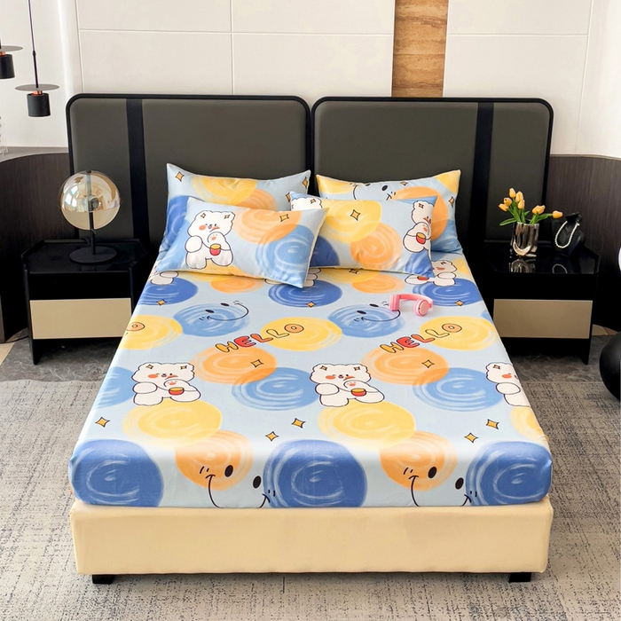 91家纺网 家纺一手货源 找家纺 纽缦家纺 2025新款印花冰丝床笠 活力青春蓝