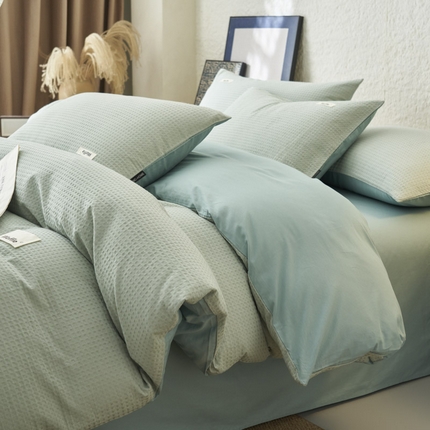 91家纺网 家纺一手货源 找家纺 寐绸家纺 2025新款纯棉华夫格四件套 华夫格四件套-浅蓝