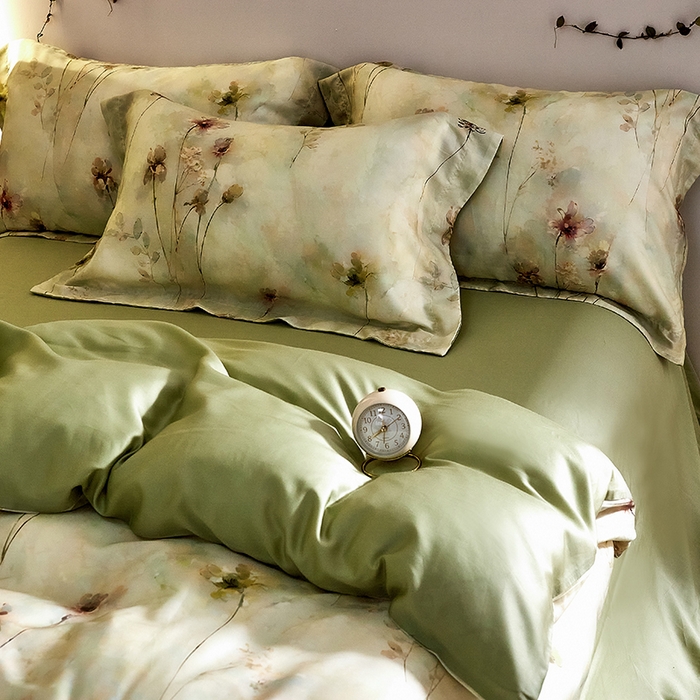 91家纺网 家纺一手货源 找家纺 未来家居 2025春夏新款100支莱赛尔天丝贡缎纯色印花系列高端礼盒四件套 柔澜