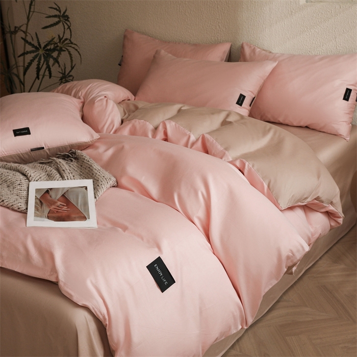 91家纺网 家纺一手货源 找家纺 启程2025新款全棉纯色双拼无印风四件套 奶油粉+杏仁