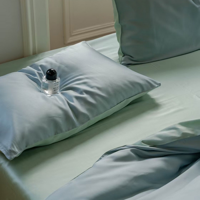 91家纺网 家纺一手货源 找家纺 未来家居 2025新款60S兰精天丝纯色四件套 天空蓝-浅艾绿