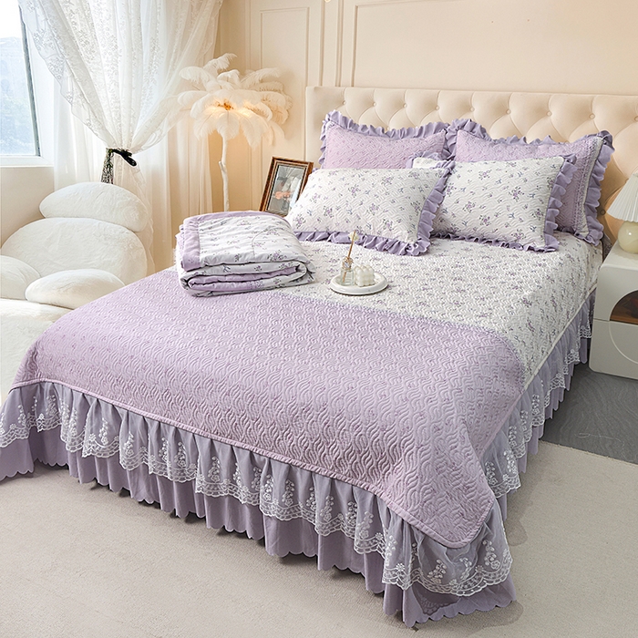 91家纺网 家纺一手货源 找家纺 梦柏 2025新款韩版双层纱夹棉绗缝床盖夏被四件套 花溪