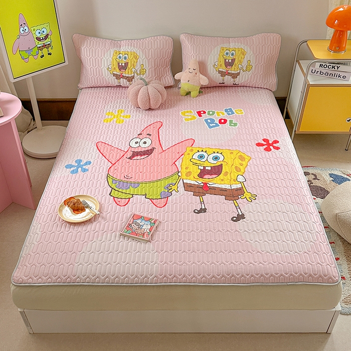 91家纺网 家纺一手货源 找家纺 金爱家 2025新款海绵宝宝乳胶凉席床笠款凉席席子 凉席床笠款-粉粉海绵宝宝