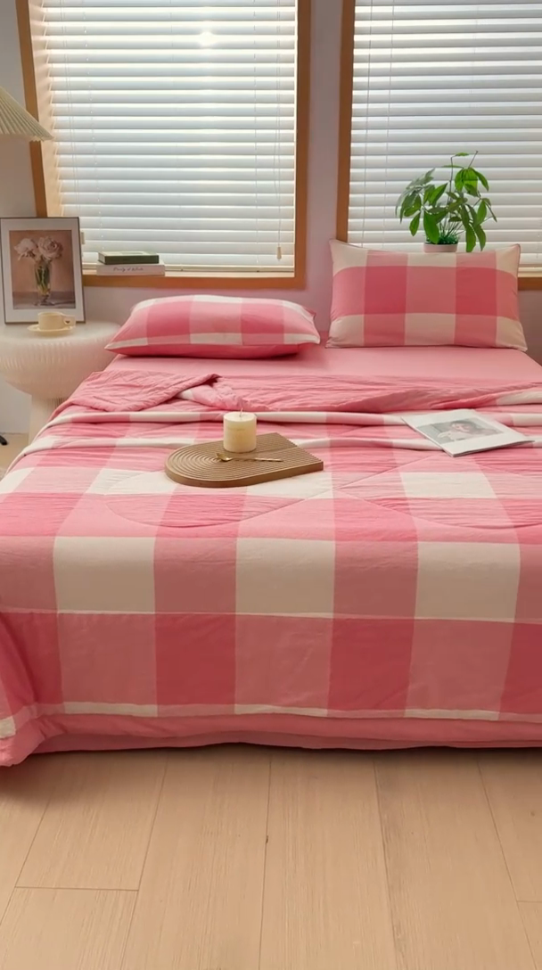 91家纺网 家纺一手货源 找家纺 圣尔雅家纺 2025新款里外全棉色织夏被新疆棉花被纯棉被子空调被夏凉被 粉大格