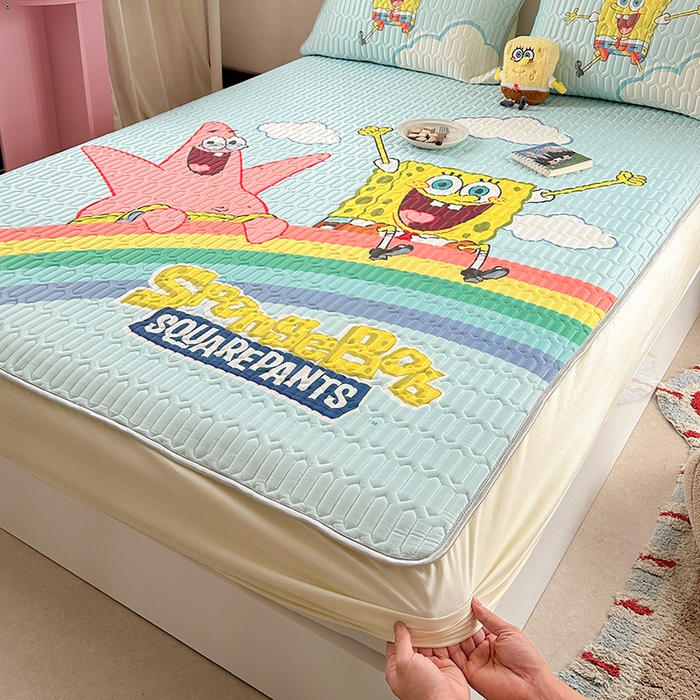 91家纺网 家纺一手货源 找家纺 金爱家 2025新款海绵宝宝乳胶凉席床笠款凉席席子 凉席床笠款-彩虹海绵宝宝