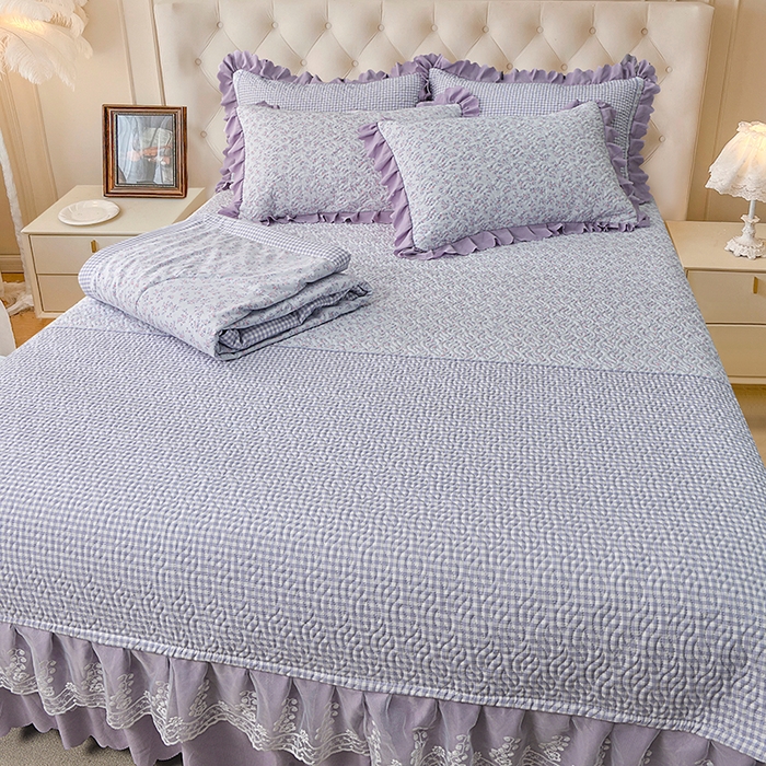 91家纺网 家纺一手货源 找家纺 梦柏 2025新款韩版双层纱夹棉绗缝床盖夏被四件套 清风