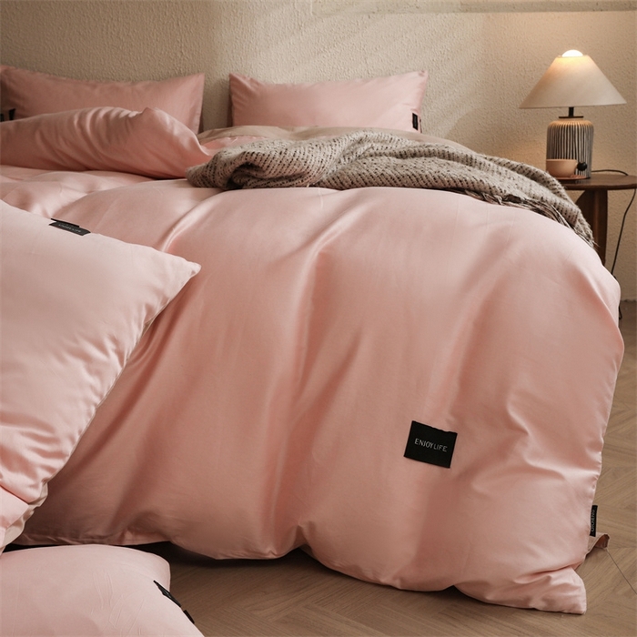 91家纺网 家纺一手货源 找家纺 启程2025新款全棉纯色双拼无印风四件套 奶油粉+杏仁