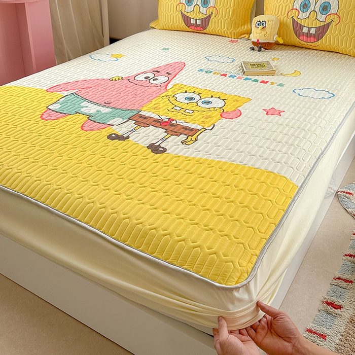 91家纺网 家纺一手货源 找家纺 金爱家 2025新款海绵宝宝乳胶凉席床笠款凉席席子 凉席床笠款-伙伴海绵宝宝