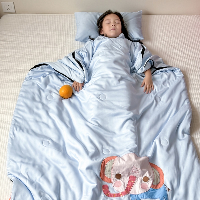 91家纺网 家纺一手货源 找家纺 喜多兔儿童家纺 2025新款萌宝系列40S纯棉夏季睡袋防踢被 蓝色小象问问