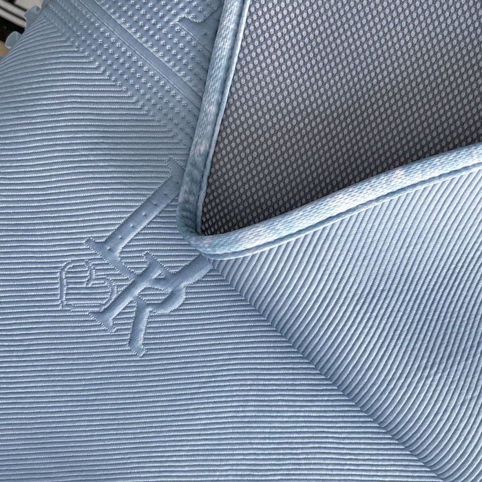 91家纺网 家纺一手货源 找家纺 鑫琪莱  2025新款5D立体雕花凉感豆豆冰丝床裙三件套 床裙D款-蓝