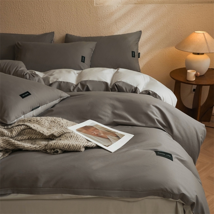 91家纺网 家纺一手货源 找家纺 启程2025新款全棉纯色双拼无印风四件套 雅士灰+绅士灰
