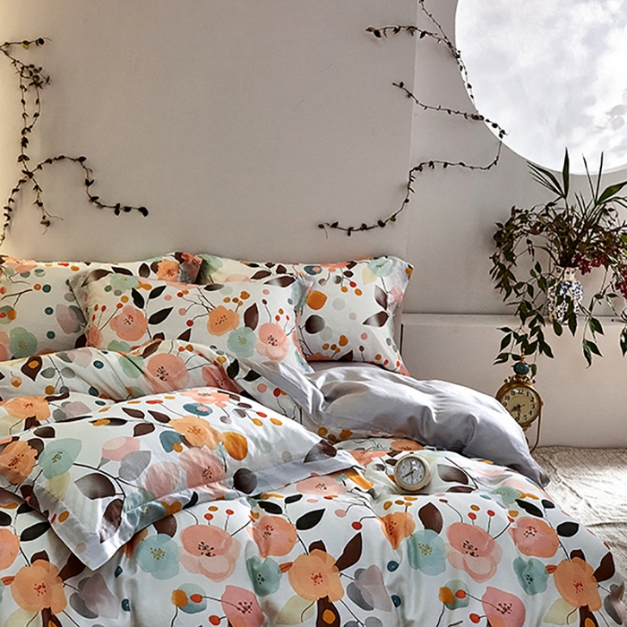 91家纺网 家纺一手货源 找家纺 未来家居 2025春夏新款100支莱赛尔天丝贡缎纯色印花系列高端礼盒四件套 花迷