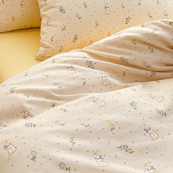 91家纺网 家纺一手货源 找家纺 玖明2025新款A类加厚柔软针织棉双层纱四件套 兔梦花开