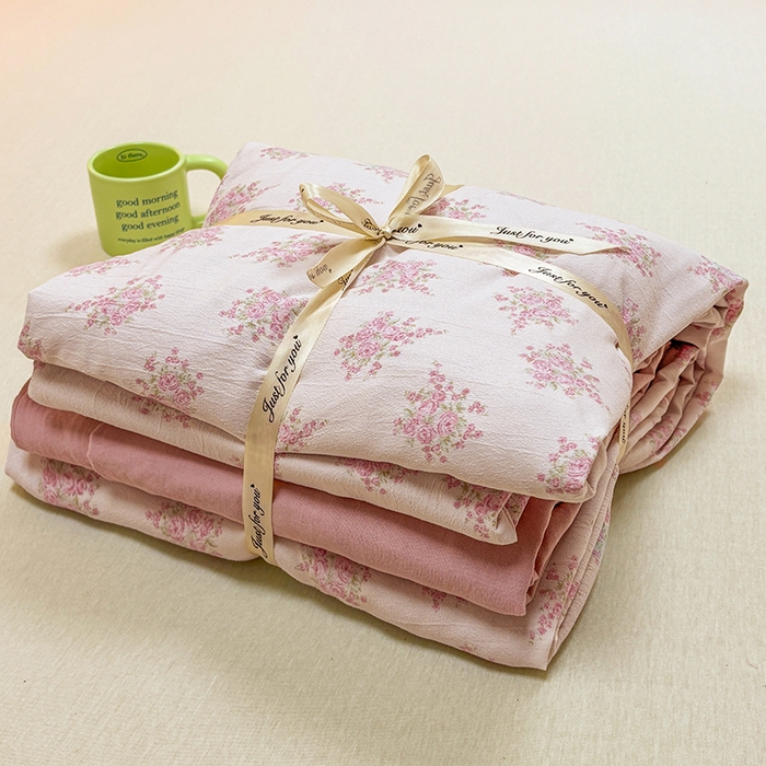 91家纺网 家纺一手货源 找家纺 玖明2025新款A类加厚柔软针织棉双层纱四件套 富贵花开