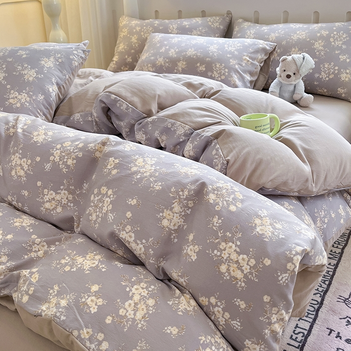 91家纺网 家纺一手货源 找家纺 玖明2025新款A类加厚柔软针织棉双层纱四件套 花影