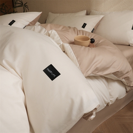 启程2025新款全棉纯色双拼无印风四件套 奶白+杏仁