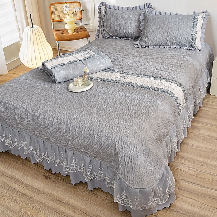 91家纺网 家纺一手货源 找家纺 梦柏 2025新款韩版双层纱夹棉绗缝床盖夏被四件套 思念