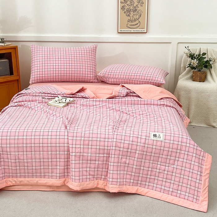 91家纺网 家纺一手货源 找家纺 鸣升家纺 2025新款100%里外全棉棉花夏被无印风全棉色织水洗棉夏凉被空调被夏被春秋被单人可机洗 格诺粉