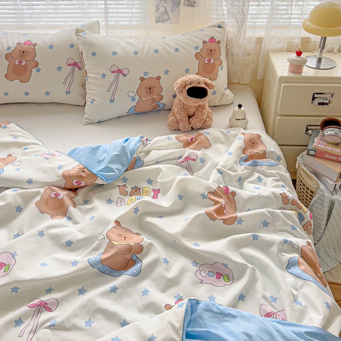 91家纺网 家纺一手货源 找家纺 2025春夏新款嵌绳款云柔水洗棉单夏被夏凉被空调被 嵌绳夏被-星星卡皮