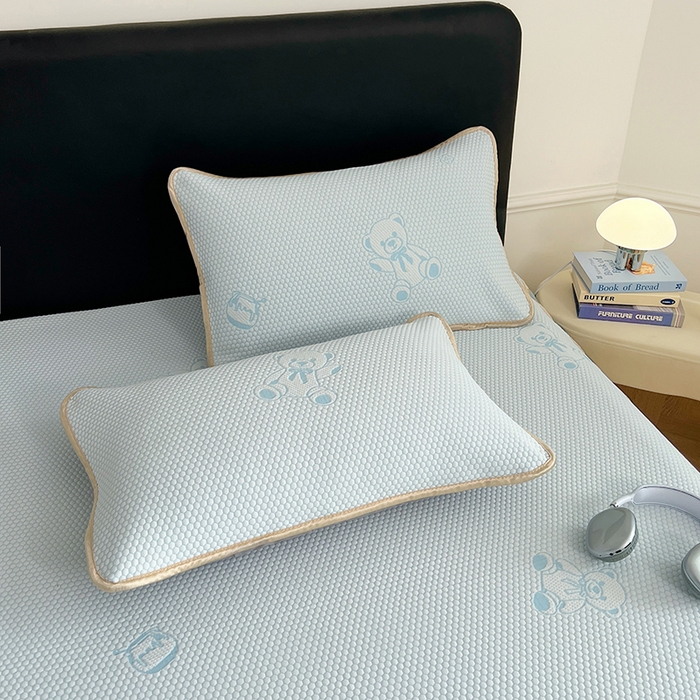 91家纺网 家纺一手货源 找家纺 梦舒羽 2025新款凉感冰豆豆凉席枕套可水洗冰丝宿舍一只装枕头套一对枕芯套 冰豆豆-小熊蓝