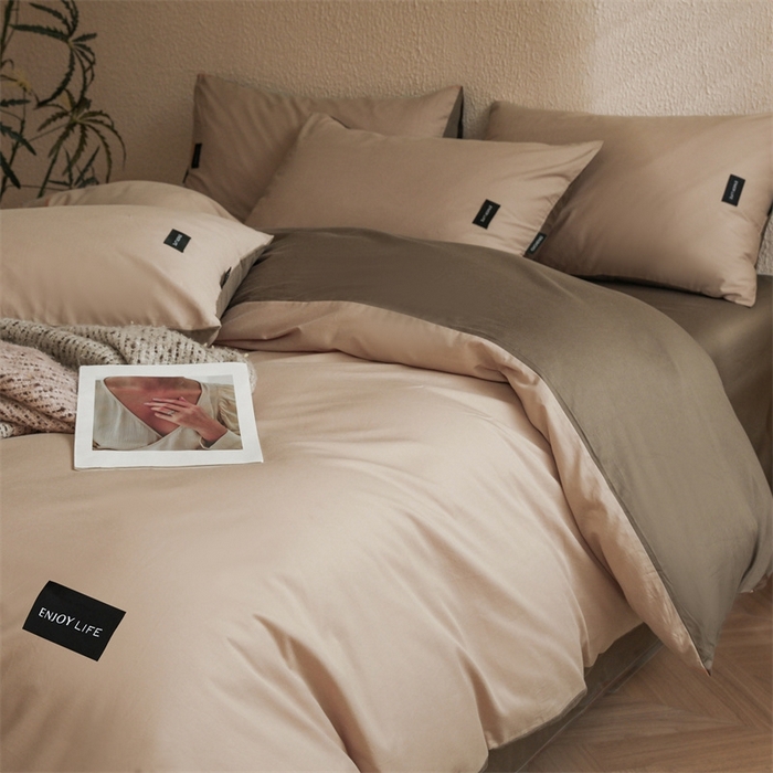 91家纺网 家纺一手货源 找家纺 启程2025新款全棉纯色双拼无印风四件套 杏仁+岩石灰