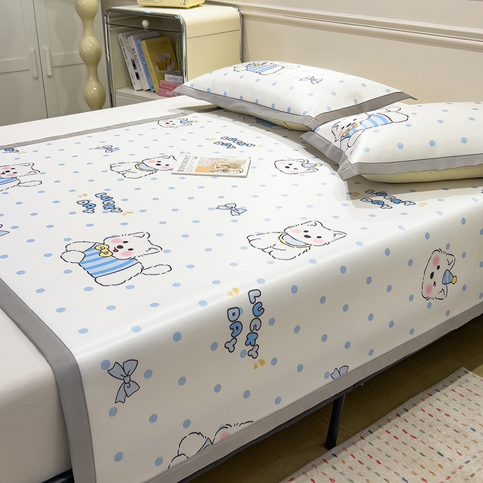 91家纺网 家纺一手货源 找家纺 摩妮卡 2025小清新数码冰丝席 碳光席三件套 蓝点萌犬