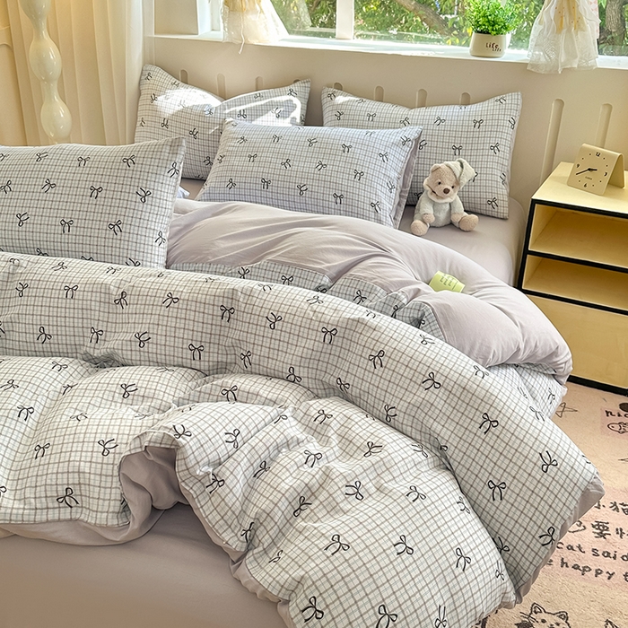 91家纺网 家纺一手货源 找家纺 玖明2025新款A类加厚柔软针织棉双层纱四件套 蝴蝶结-蓝