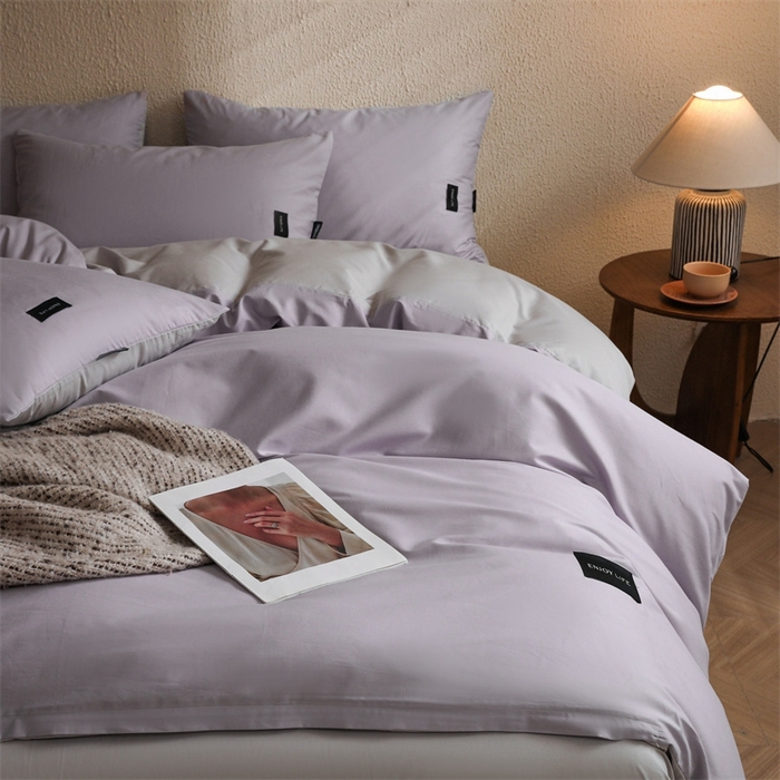 91家纺网 家纺一手货源 找家纺 启程2025新款全棉纯色双拼无印风四件套 水晶紫+绅士灰