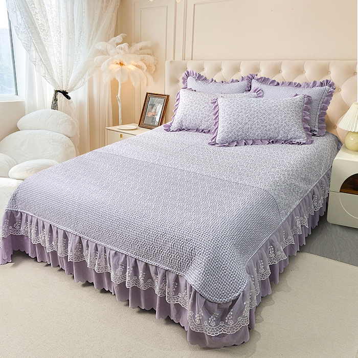 91家纺网 家纺一手货源 找家纺 梦柏 2025新款韩版双层纱夹棉绗缝床盖夏被四件套 清风