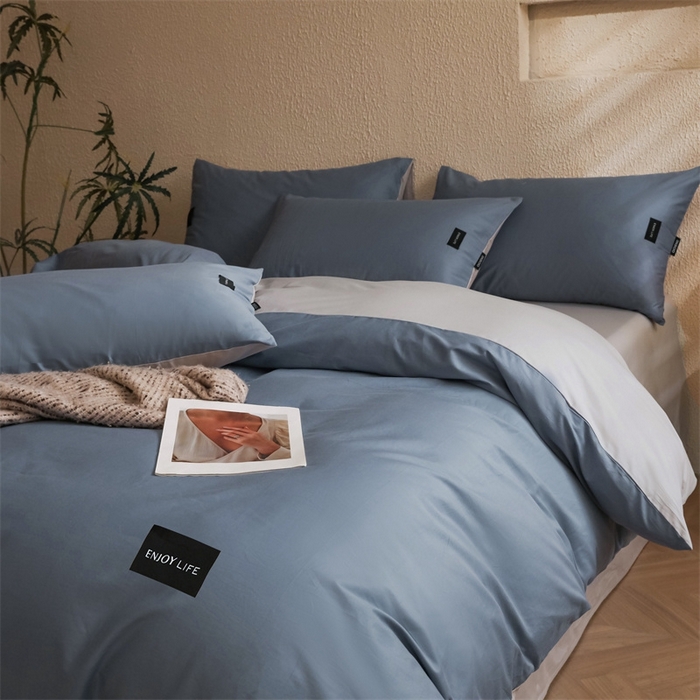 91家纺网 家纺一手货源 找家纺 启程2025新款全棉纯色双拼无印风四件套 牛仔蓝+绅士灰