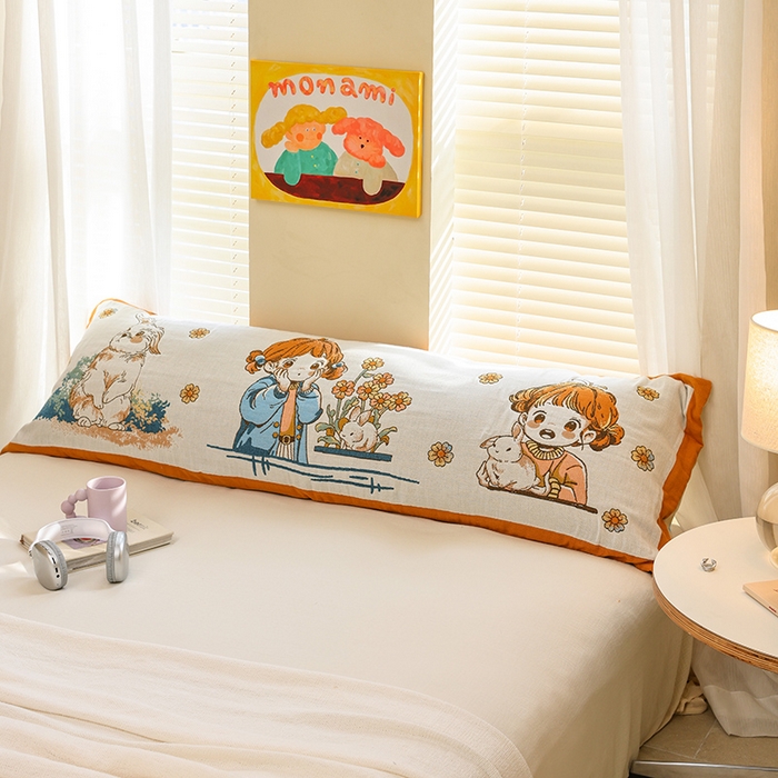 91家纺网 家纺一手货源 找家纺 雯雨2025新款A类卡通双人纱布枕套 花团女孩