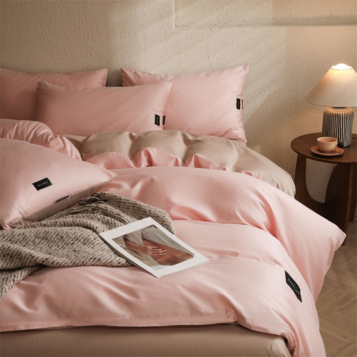 91家纺网 家纺一手货源 找家纺 启程2025新款全棉纯色双拼无印风四件套 奶油粉+杏仁