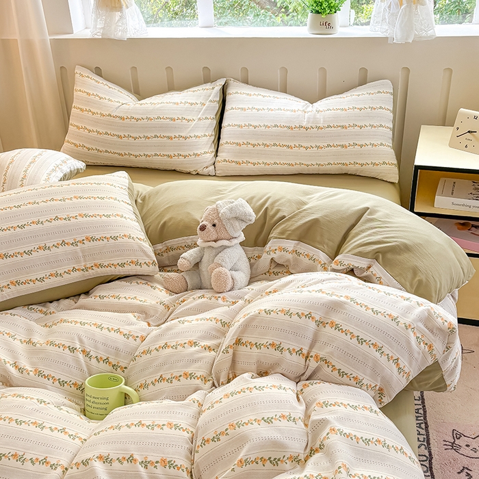 91家纺网 家纺一手货源 找家纺 玖明2025新款A类加厚柔软针织棉双层纱四件套 花叶细语-咖