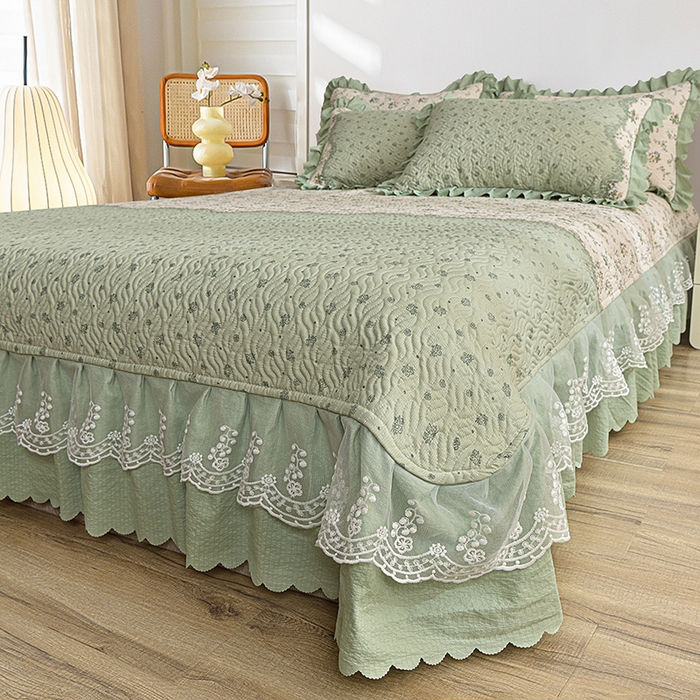 91家纺网 家纺一手货源 找家纺 梦柏 2025新款韩版双层纱夹棉绗缝床盖夏被四件套 林荫