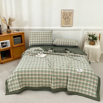 鸣升家纺 2025新款100%里外全棉棉花夏被无印风全棉色织水洗棉夏凉被空调被夏被春秋被单人可机洗 南国绿